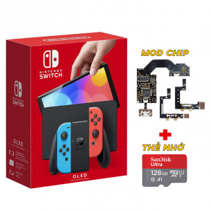 Nintendo Switch OLED model with Neon Red Blue Joy‑Con Mod Chip + MicroSD 128GB